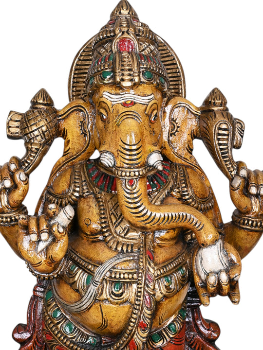 36" Shri Shubha Mangala Yellow Finished  Standing Four Armed Ganapathy Eating White Mothak Handcrafted Sculpture 36"