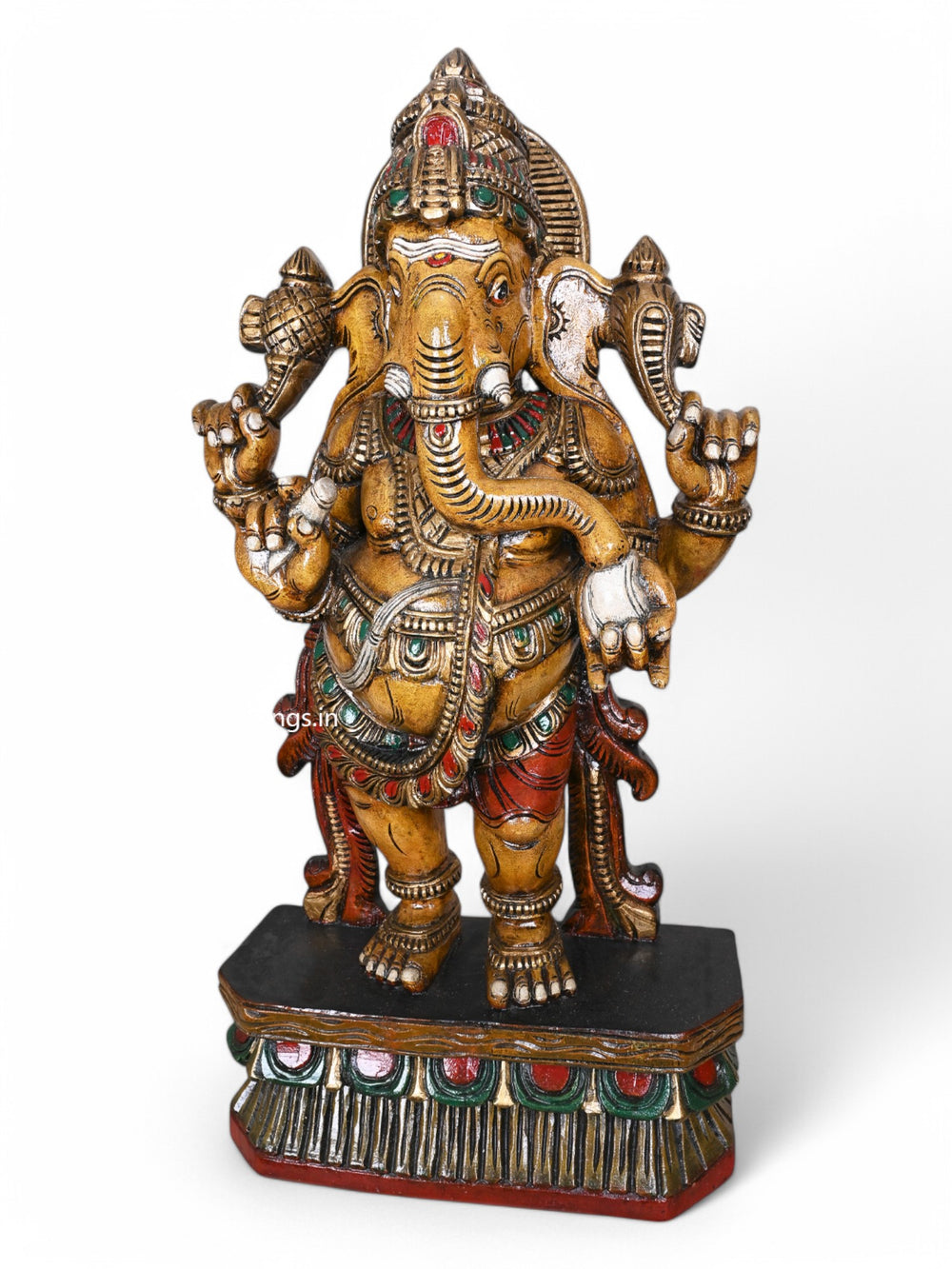 36" Shri Shubha Mangala Yellow Finished  Standing Four Armed Ganapathy Eating White Mothak Handcrafted Sculpture 36"