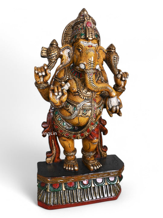 36" Shri Shubha Mangala Yellow Finished  Standing Four Armed Ganapathy Eating White Mothak Handcrafted Sculpture 36"