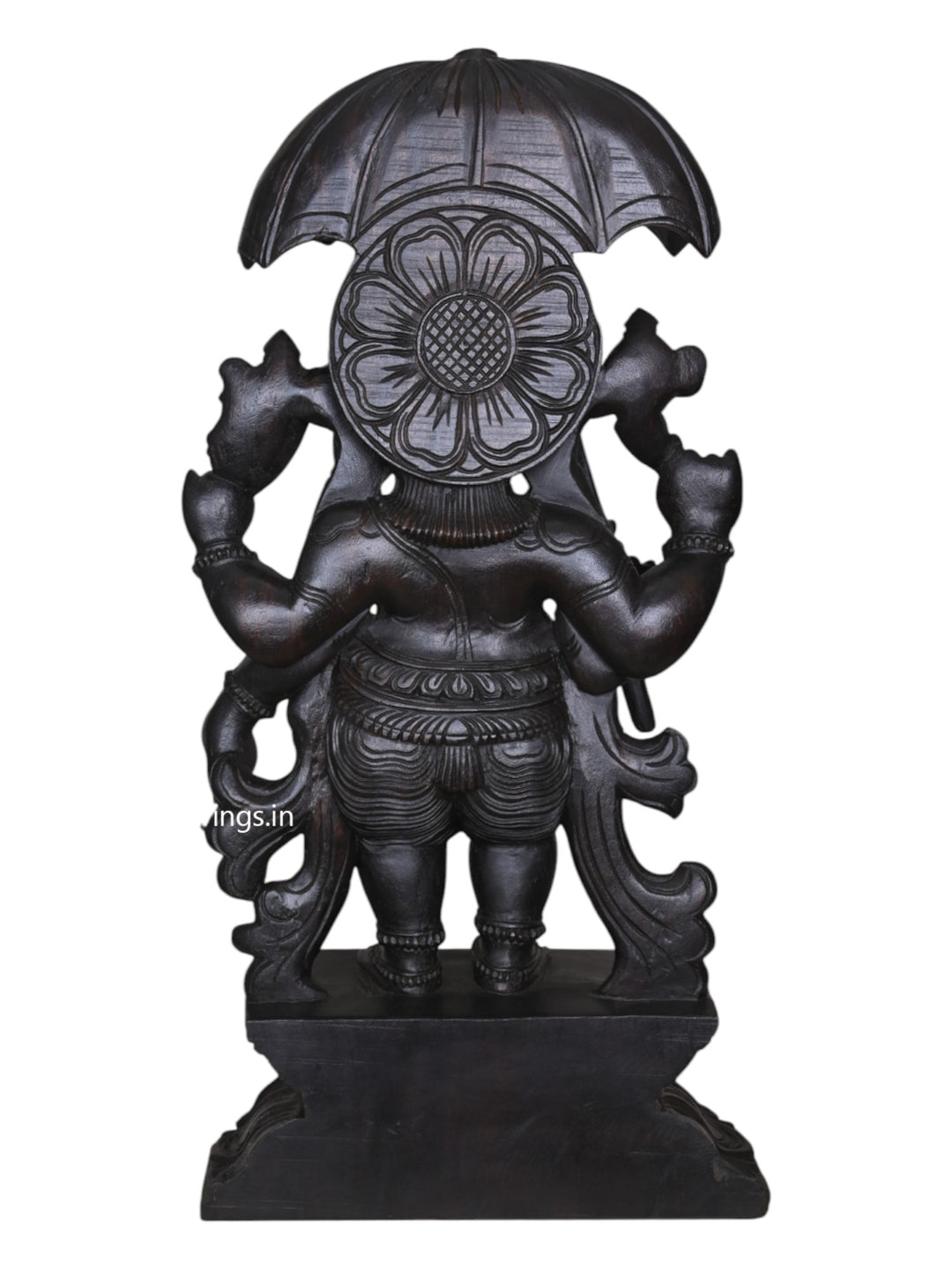 Dark Black Standing Chatra Ganapathy Holding Kamandalu – 36" Wooden