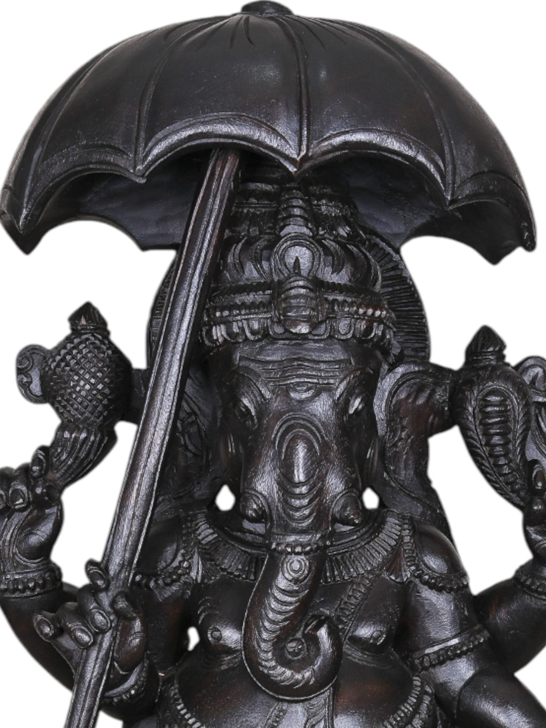 Dark Black Standing Chatra Ganapathy Holding Kamandalu – 36" Wooden