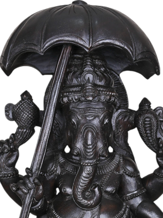 Dark Black Standing Chatra Ganapathy Holding Kamandalu – 36" Wooden