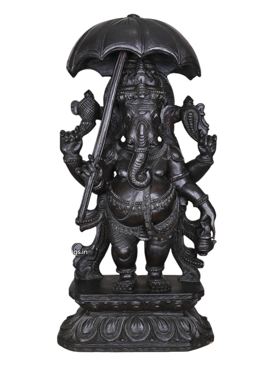 Dark Black Standing  wooden Chatra Ganapathy