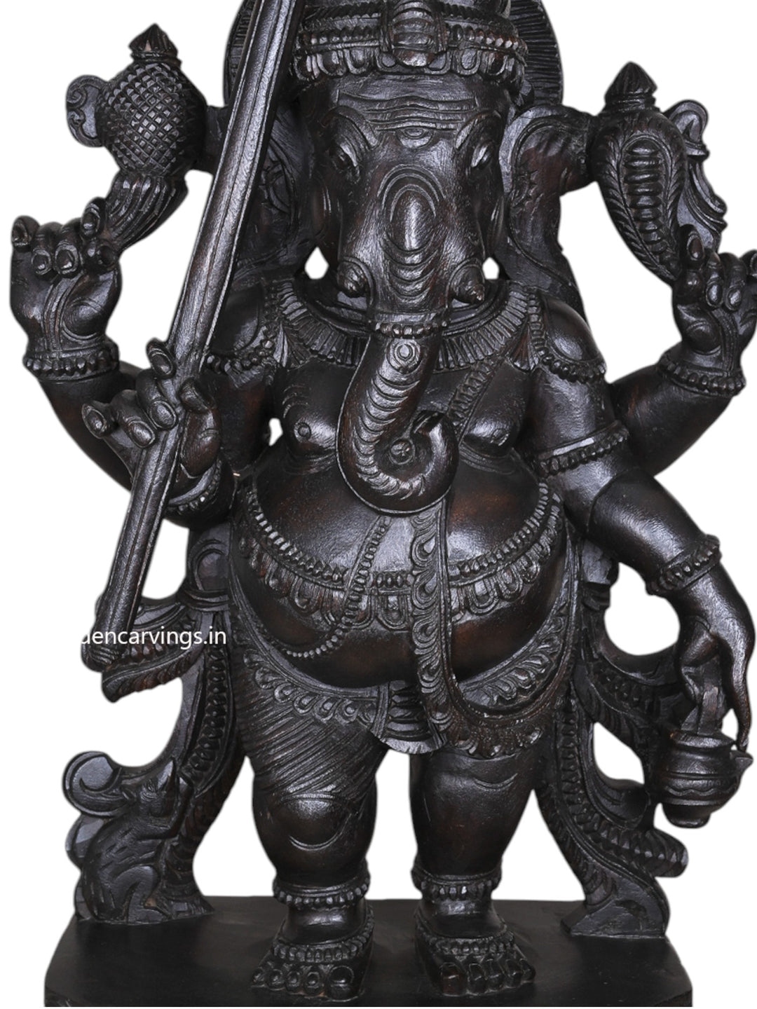 Dark Black Standing Chatra Ganapathy Holding Kamandalu – 36" Wooden