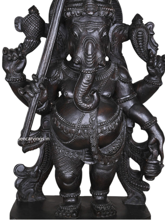 Dark Black Standing Chatra Ganapathy Holding Kamandalu – 36" Wooden