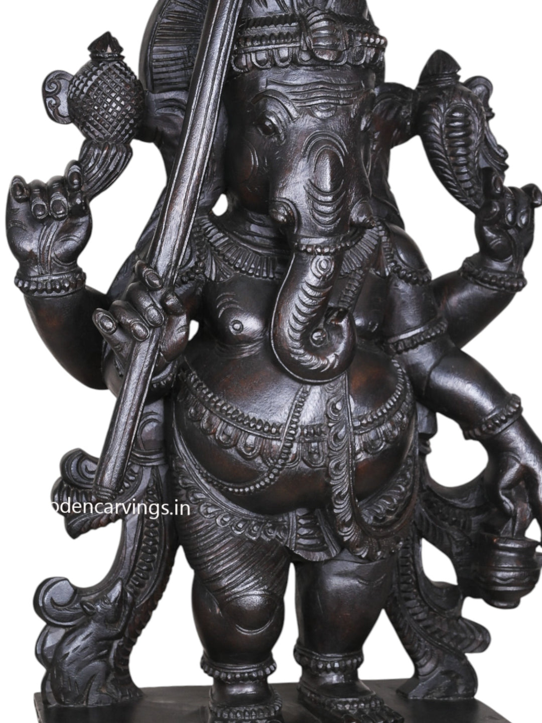 Dark Black Standing Chatra Ganapathy Holding Kamandalu – 36" Wooden