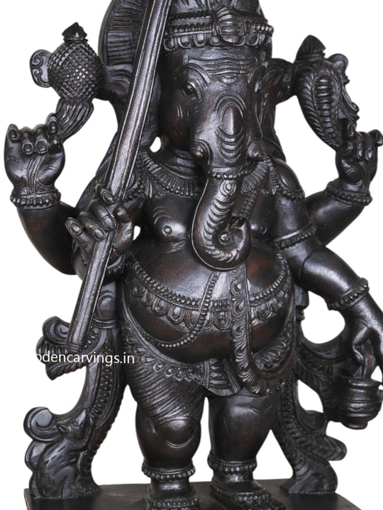 Dark Black Standing Chatra Ganapathy Holding Kamandalu – 36" Wooden