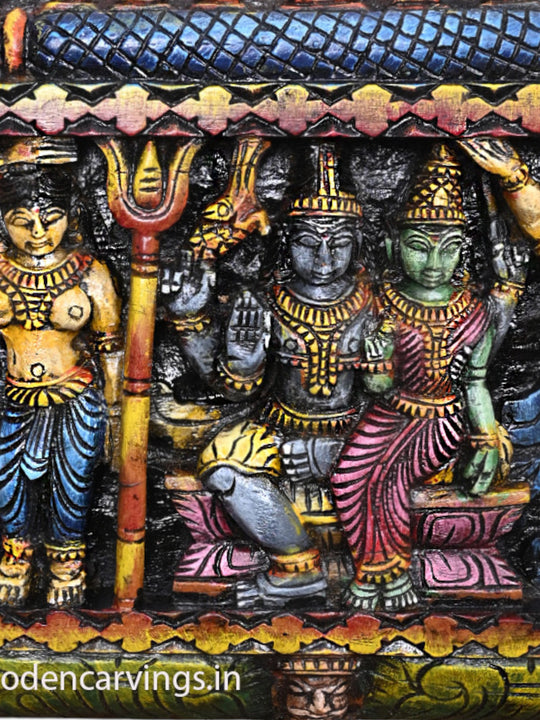 Cheerful Wooden Lord Ganapathy Wall Panel with Shiva, Parvathy & Vishnu – 48"