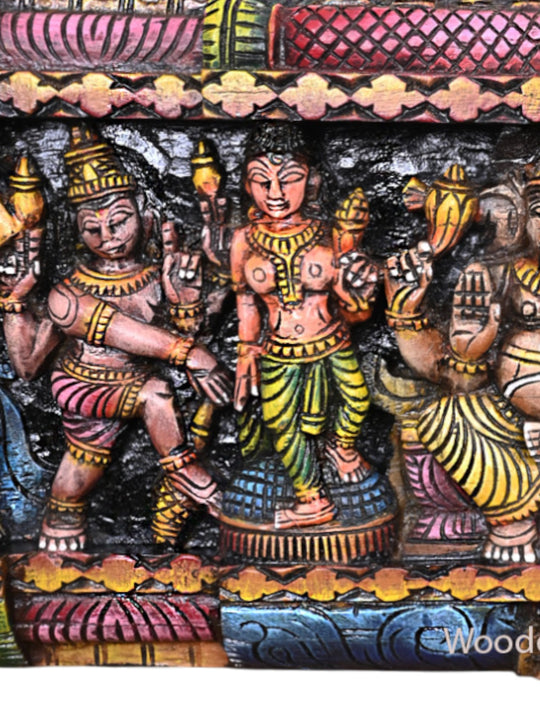 Cheerful Wooden Lord Ganapathy Wall Panel with Shiva, Parvathy & Vishnu – 48"