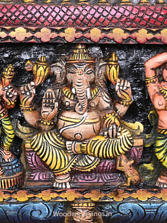 Cheerful Wooden Lord Ganapathy Wall Panel with Shiva, Parvathy & Vishnu – 48"