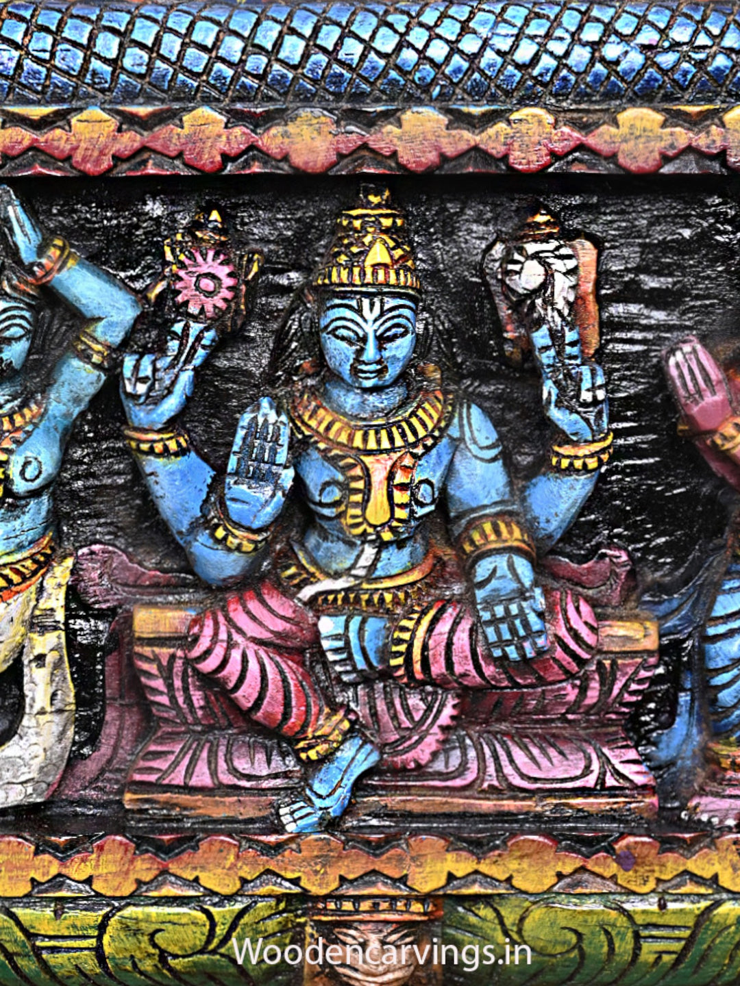 Cheerful Wooden Lord Ganapathy Wall Panel with Shiva, Parvathy & Vishnu – 48"