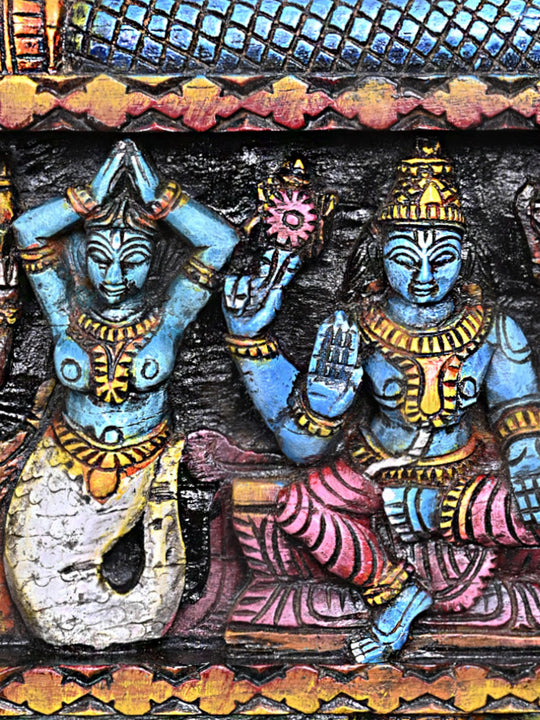 Cheerful Wooden Lord Ganapathy Wall Panel with Shiva, Parvathy & Vishnu – 48"