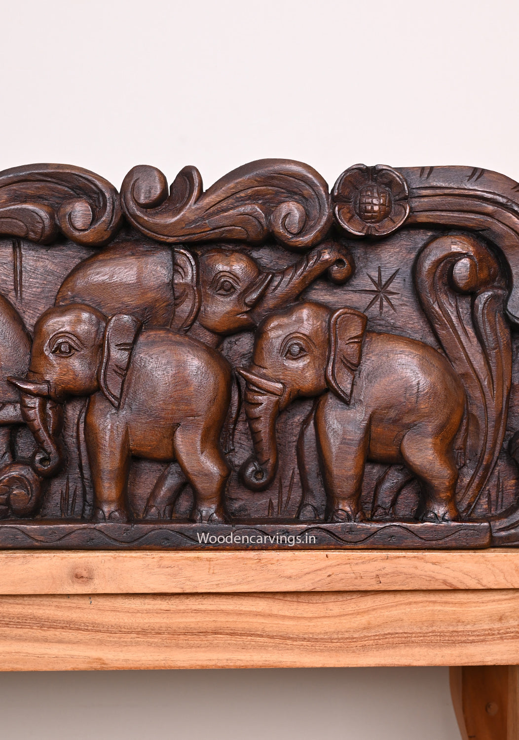 Traditional Elephant Carved Wooden Panel – 48.5" Wall Décor