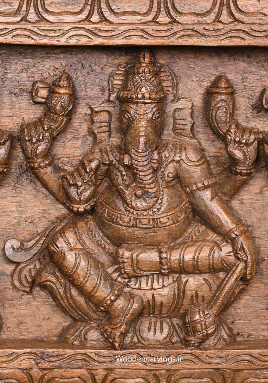 Five Ganapathy Figurines Wooden Wall Panel | 36" Horizontal Brown Finish