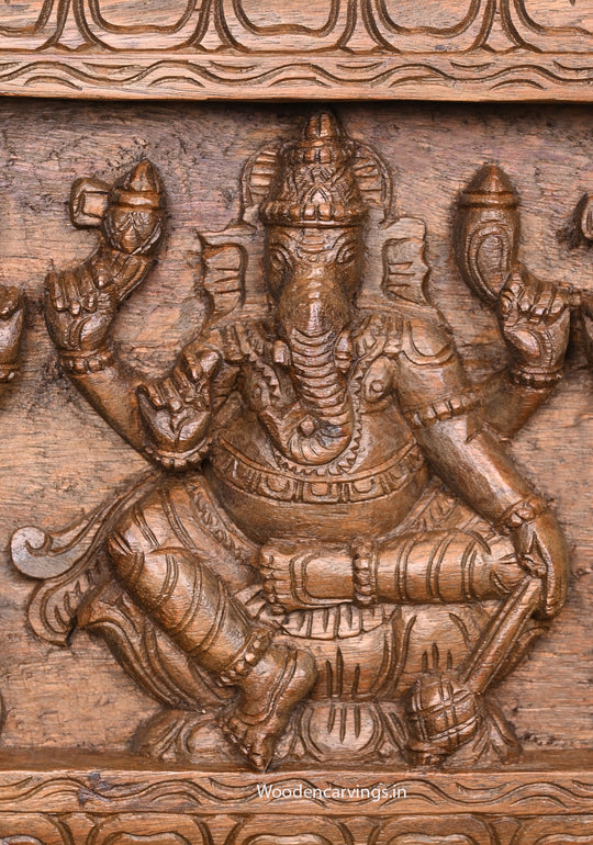 Five Ganapathy Figurines Wooden Wall Panel | 36" Horizontal Brown Finish