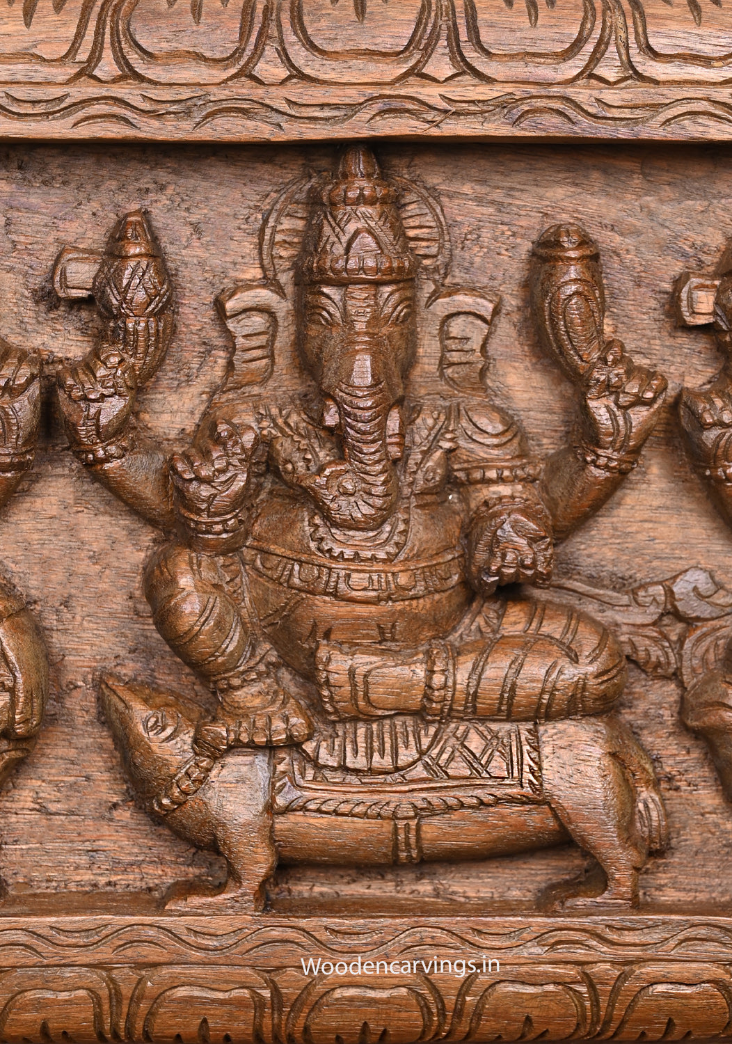 Five Ganapathy Figurines Wooden Wall Panel | 36" Horizontal Brown Finish