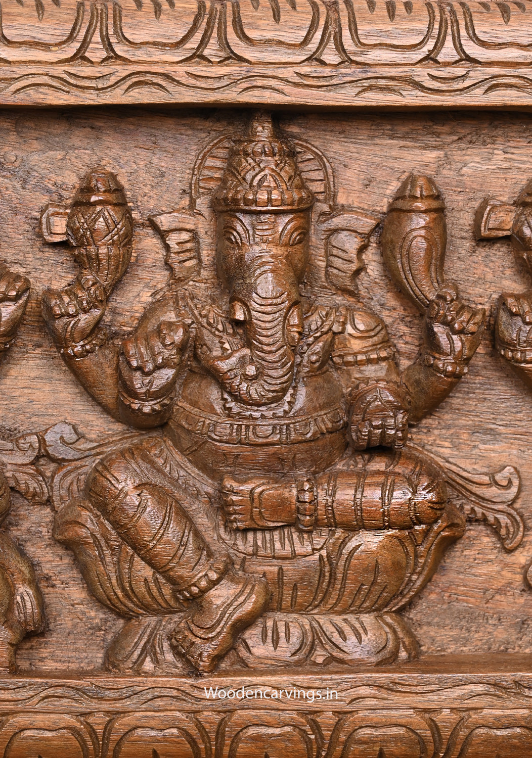 Five Ganapathy Figurines Wooden Wall Panel | 36" Horizontal Brown Finish