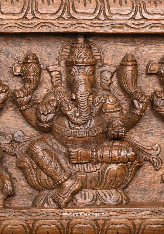 Five Ganapathy Figurines Wooden Wall Panel | 36" Horizontal Brown Finish