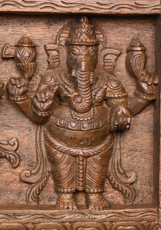 Five Ganapathy Figurines Wooden Wall Panel | 36" Horizontal Brown Finish
