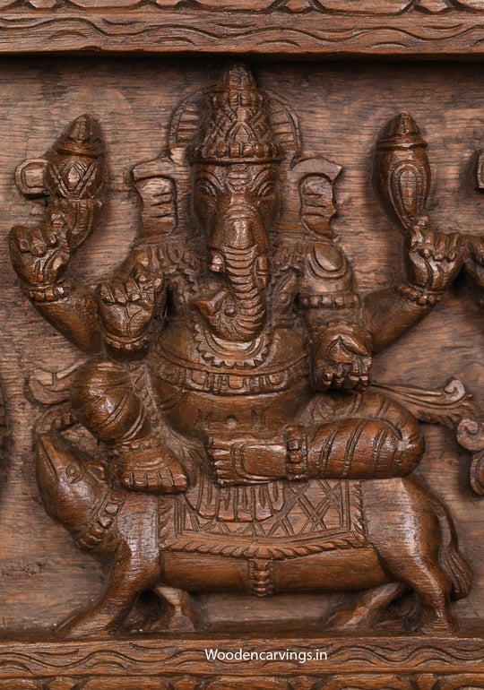 Five  lone Lord Ganapathy Wooden Wall Panel | 36" Handcrafted Vaagai Wood