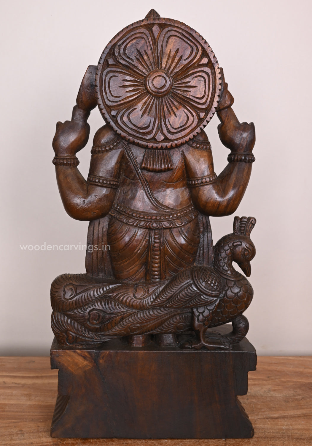 Blessing Standing Lord Muruga - Wooden  Wax Brown Finish, 25"