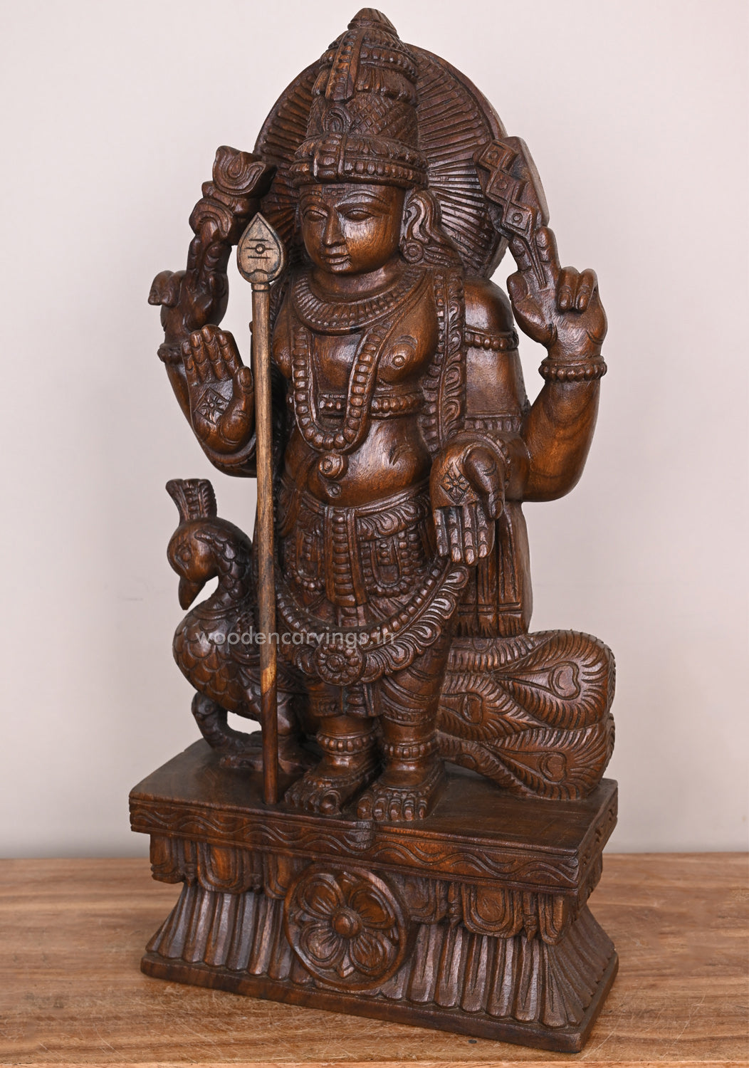 Blessing Standing Lord Muruga - Wooden  Wax Brown Finish, 25"