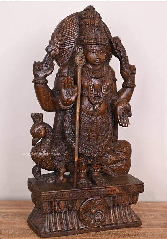 Blessing Standing Lord Muruga - Wooden  Wax Brown Finish, 25"