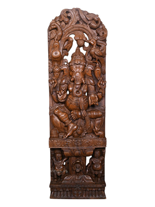 Jali Work of Ganesha Murthi Seated on Lotus With Standing Two Sevagars Handcrafted Jaliwork Wooden Wall Mount 47"