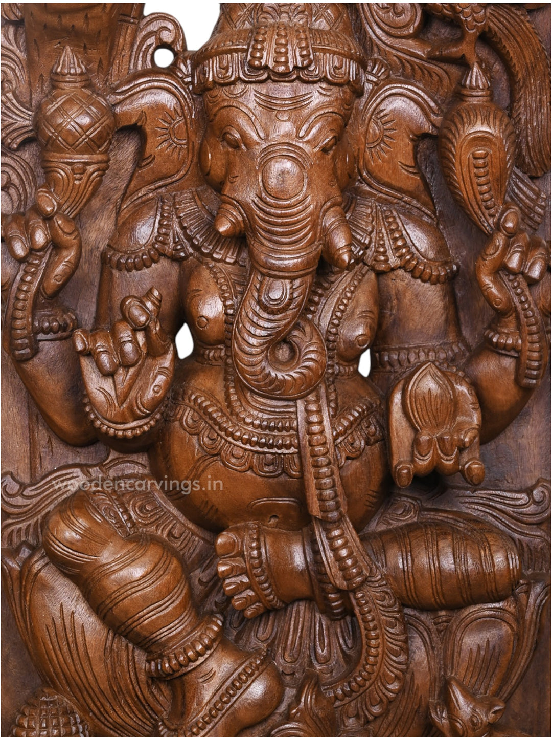 Jali Work of Ganesha Murthi Seated on Lotus With Standing Two Sevagars Handcrafted Jaliwork Wooden Wall Mount 47"