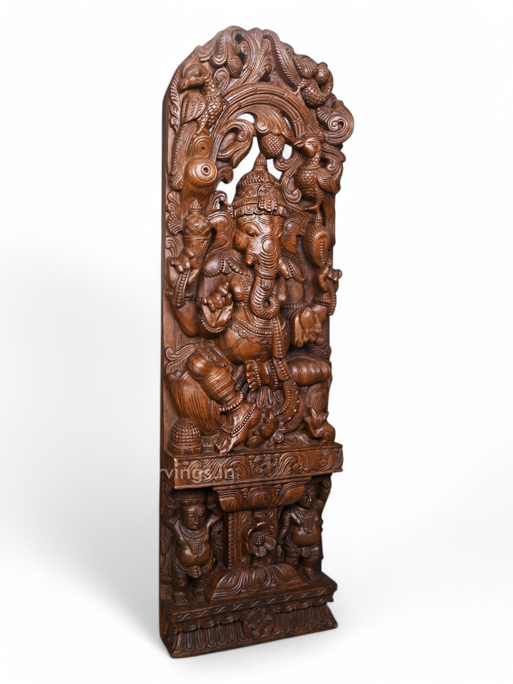 Jali Work of Ganesha Murthi Seated on Lotus With Standing Two Sevagars Handcrafted Jaliwork Wooden Wall Mount 47"
