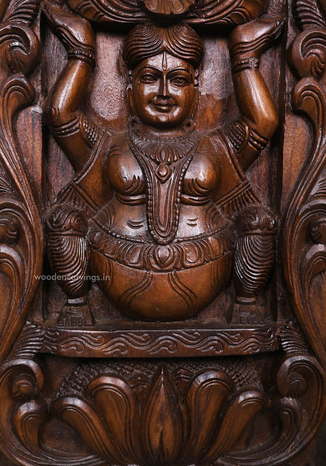 Vertical Eight Auspicious Forms of Goddess Lakshmi Handcrafted Fine Wax Brown Finishing Wooden Wall Panel 72.5"
