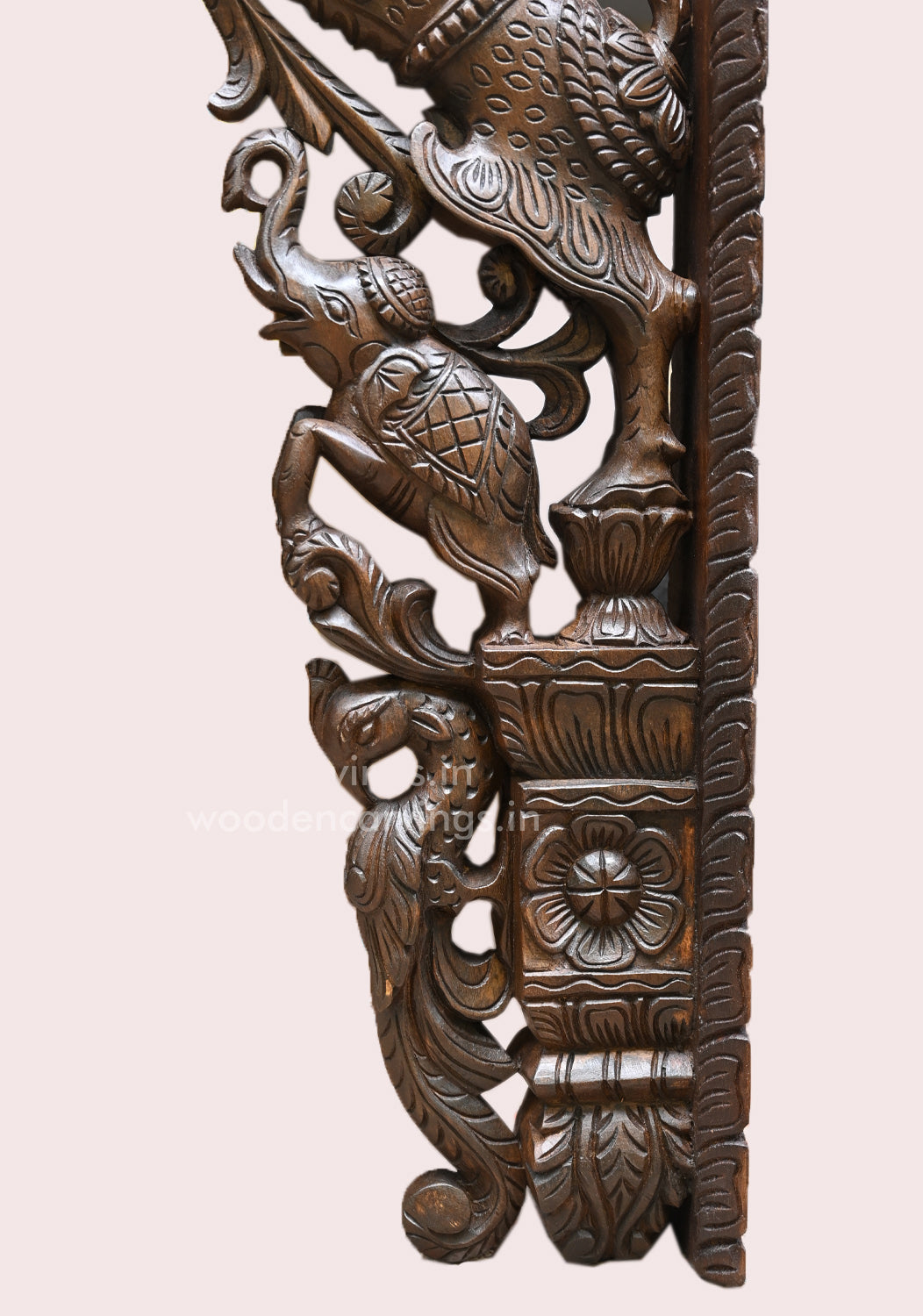 Wooden Yaazhi Wall Mount with Elephants & Parrots – 45"