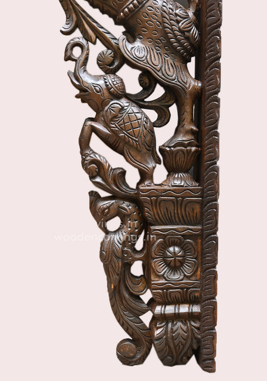 Wooden Yaazhi Wall Mount with Elephants & Parrots – 45"