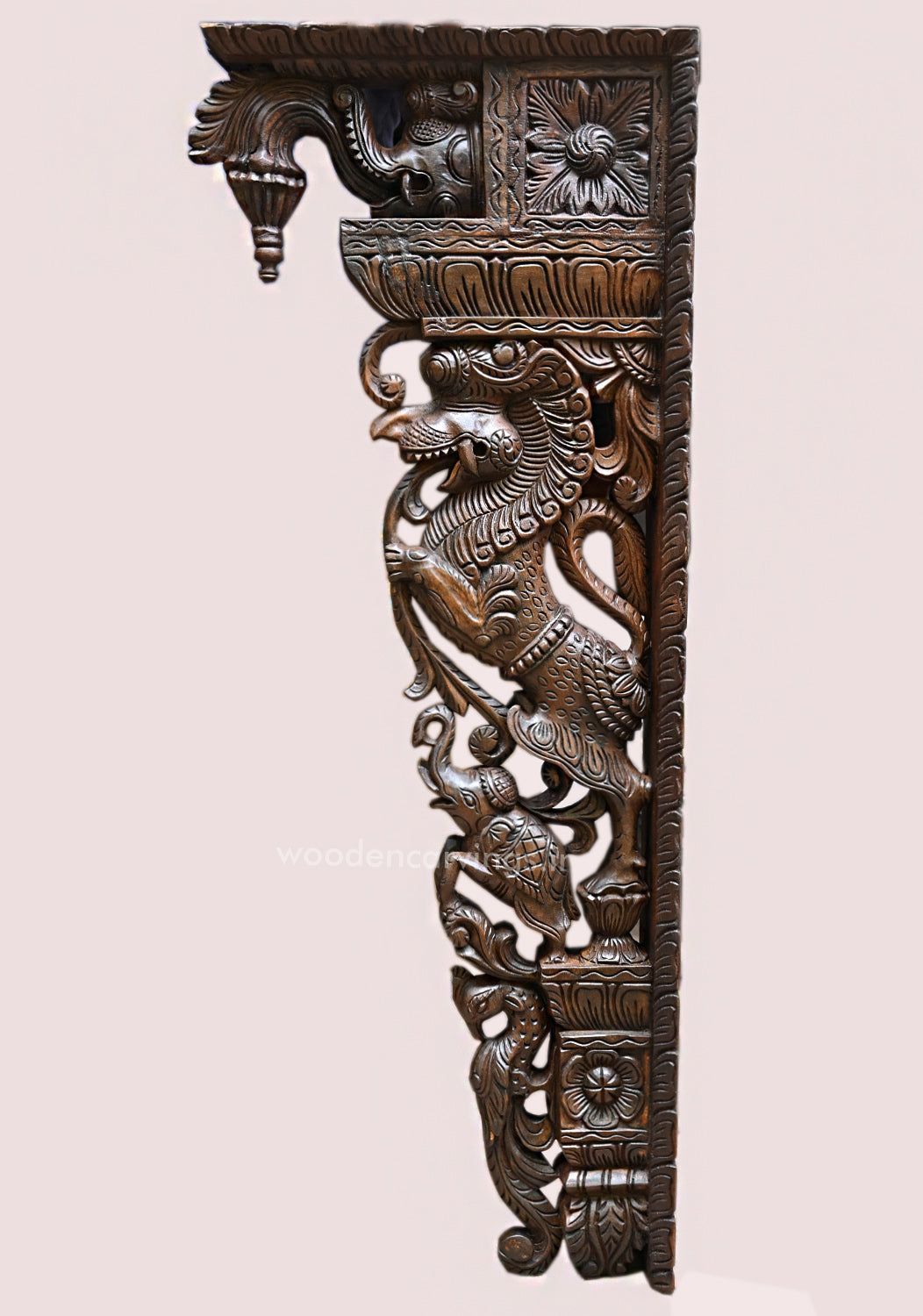 Wooden Yaazhi Wall Mount with Elephants & Parrots – 45"