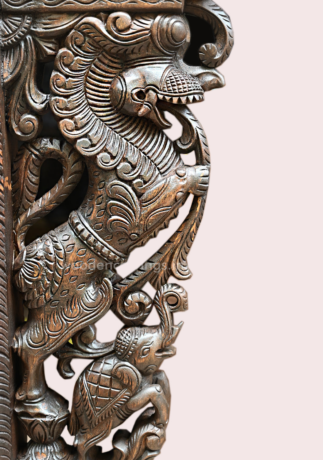 Wooden Yaazhi Wall Mount with Elephants & Parrots – 45"