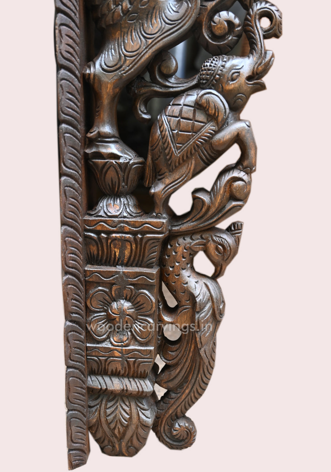 Wooden Yaazhi Wall Mount with Elephants & Parrots – 45"
