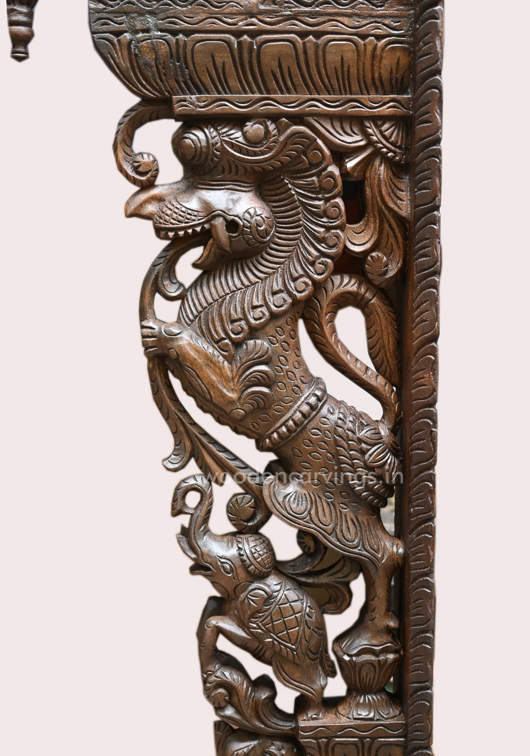 Wooden Yaazhi Wall Mount with Elephants & Parrots – 45"