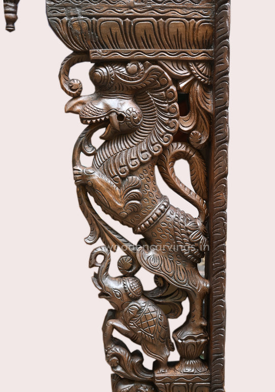 Wooden Yaazhi Wall Mount with Elephants & Parrots – 45"