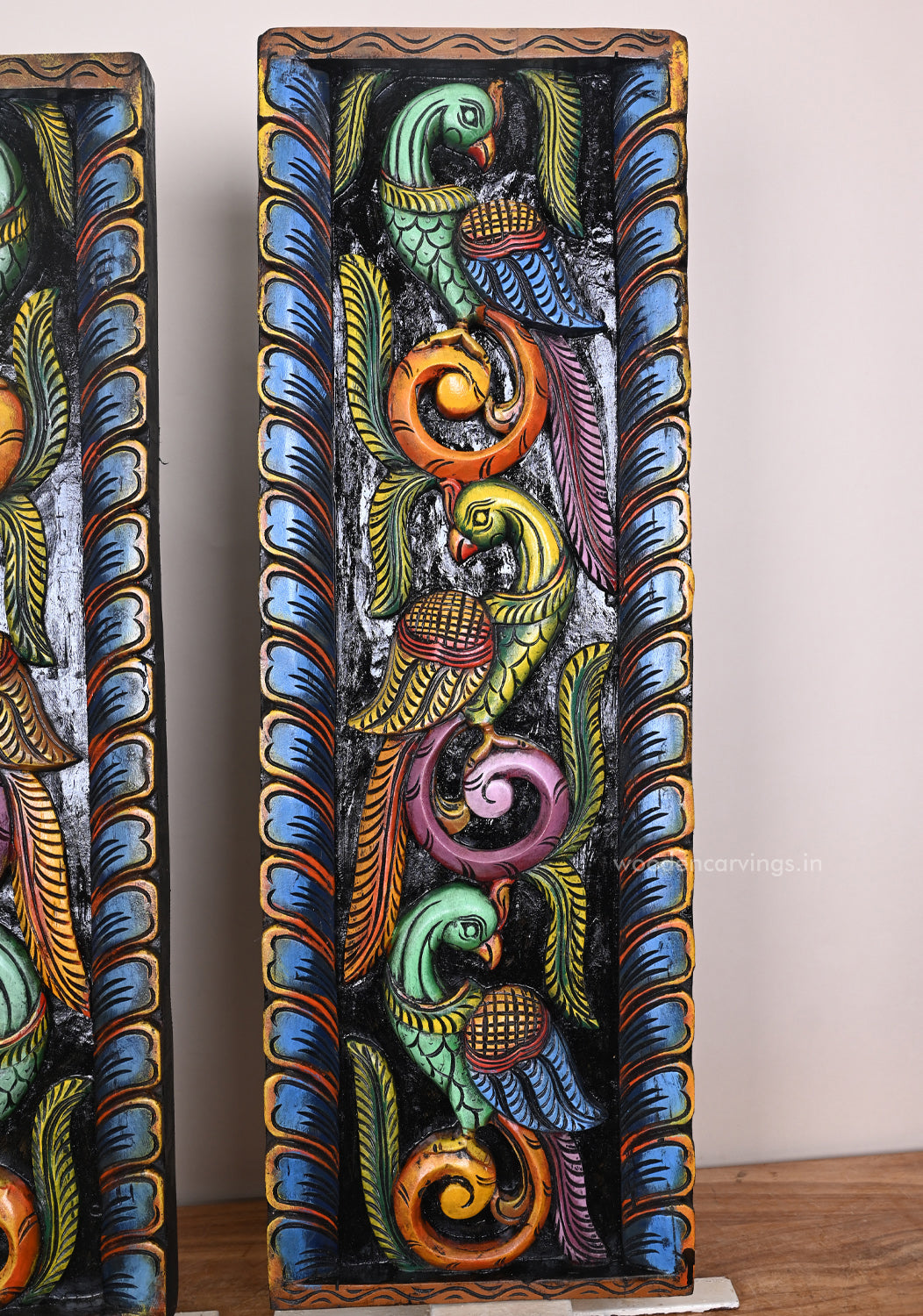Colourful Wooden Standing Peacocks on Tree Wall Panel – 35.5
