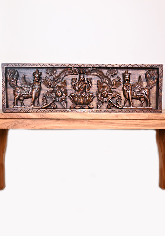 Mahalakshmi with Divine Kamadhenu Wooden Wall Mount - 38"