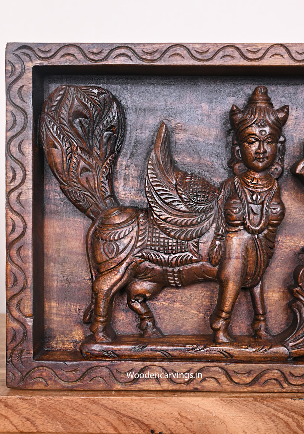 Mahalakshmi with Divine Kamadhenu Wooden Wall Mount - 38"
