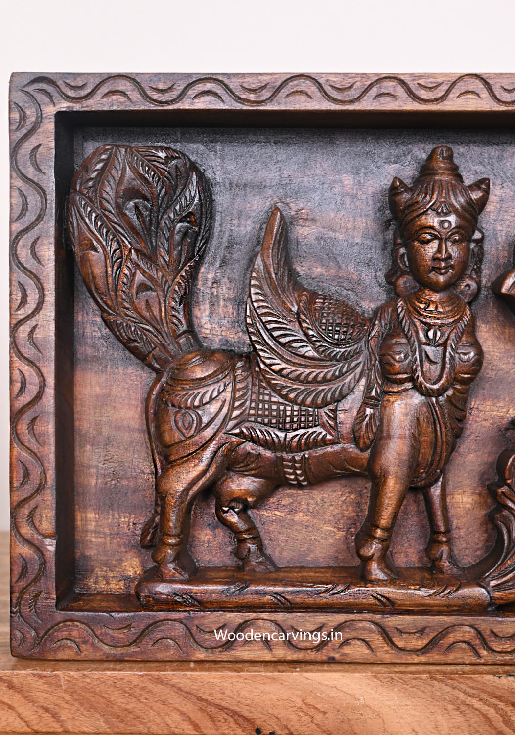 Mahalakshmi with Divine Kamadhenu Wooden Wall Mount - 38"