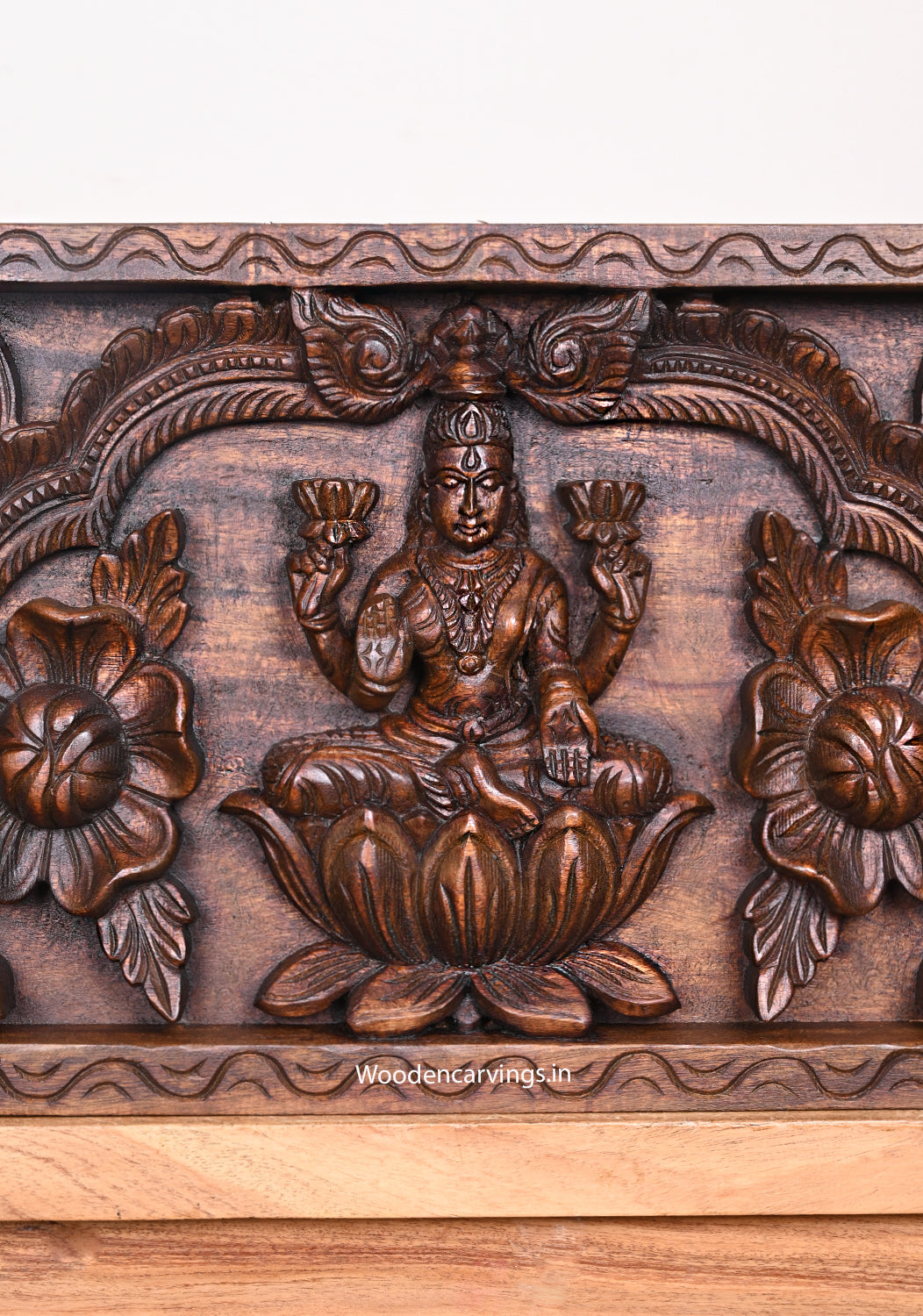 Mahalakshmi with Divine Kamadhenu Wooden Wall Mount - 38"
