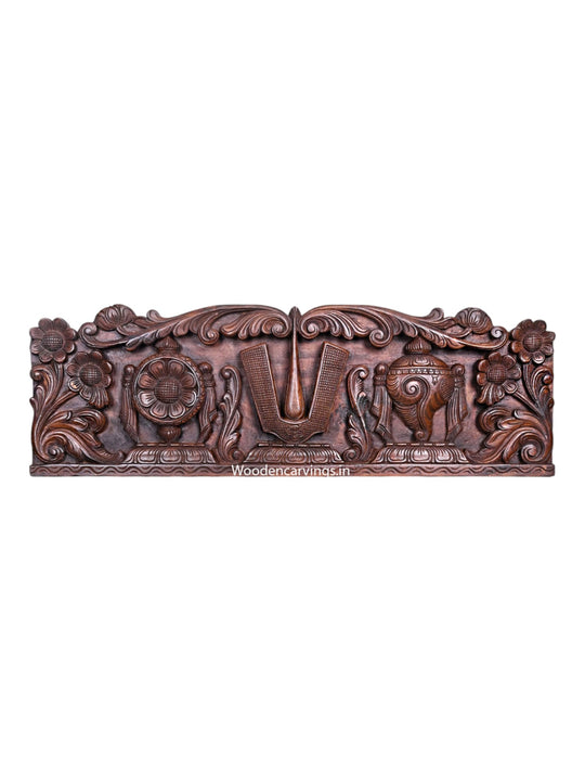 3 Feet Wooden Thirunamam of Lord Balaji With Shanka and Chakra Handcrafted Hooks Fixed Wooden Wax Brown Wall Panel 36"