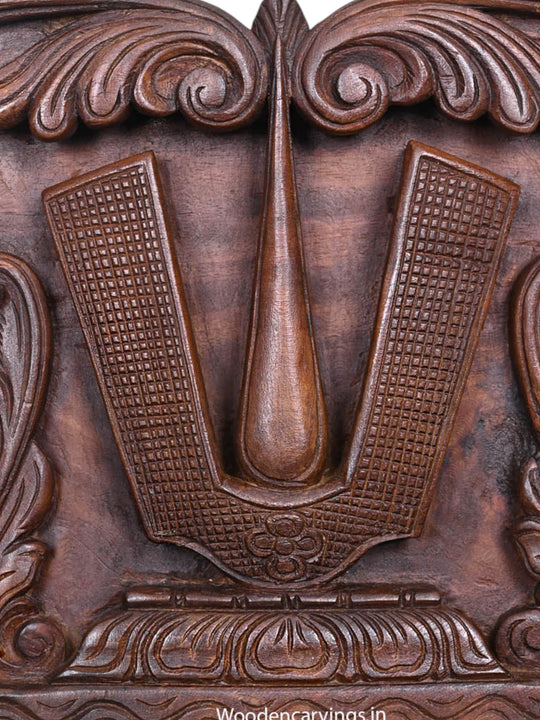 3 Feet Wooden Thirunamam of Lord Balaji With Shanka and Chakra Handcrafted Hooks Fixed Wooden Wax Brown Wall Panel 36"