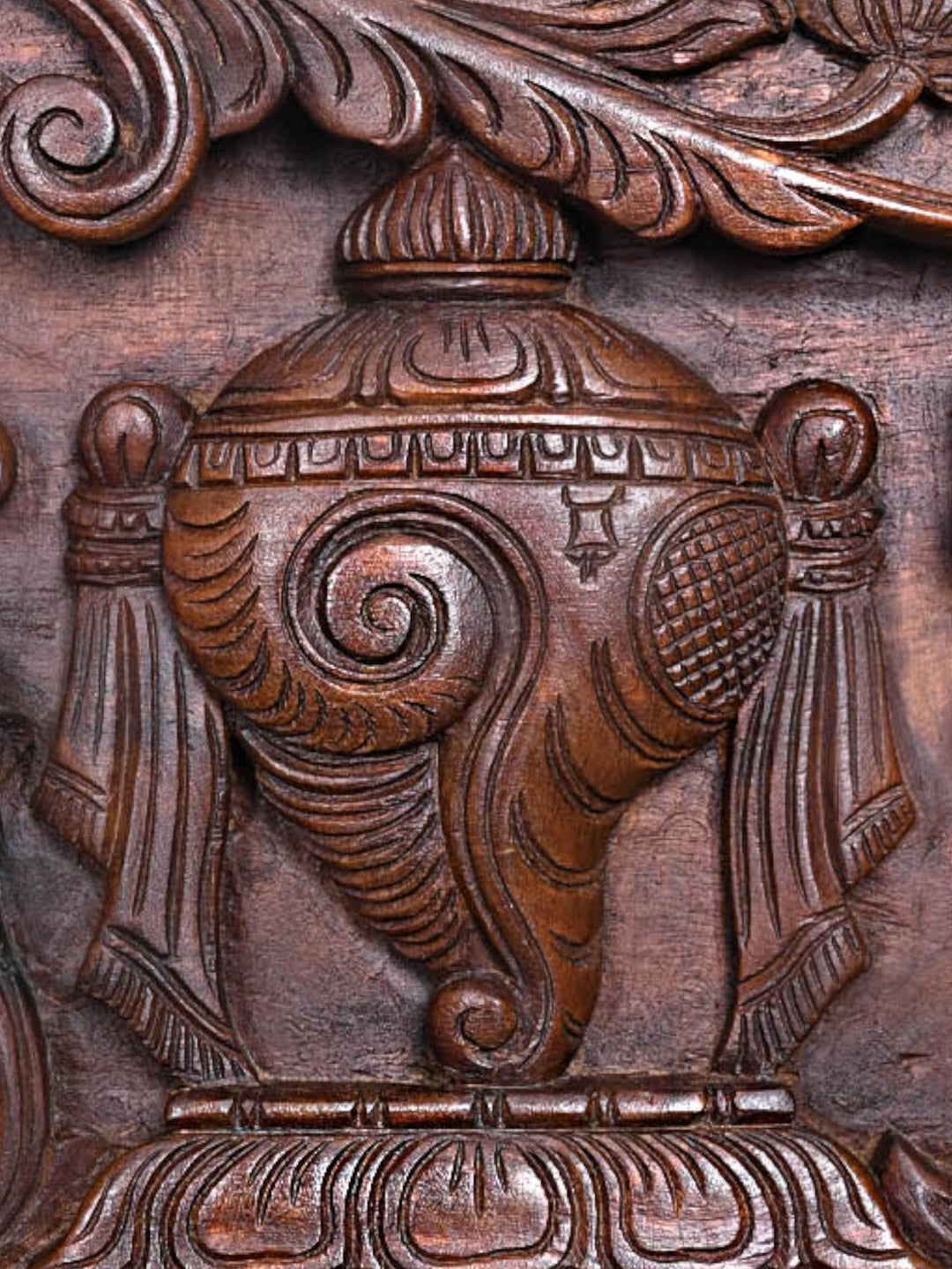 3 Feet Wooden Thirunamam of Lord Balaji With Shanka and Chakra Handcrafted Hooks Fixed Wooden Wax Brown Wall Panel 36"