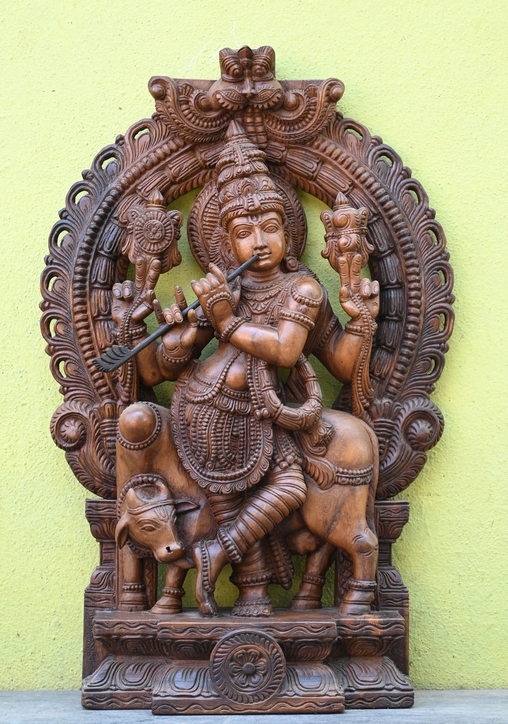Prabhavali (Ornamental Arch) Cow Krishna in Wood statue 36"