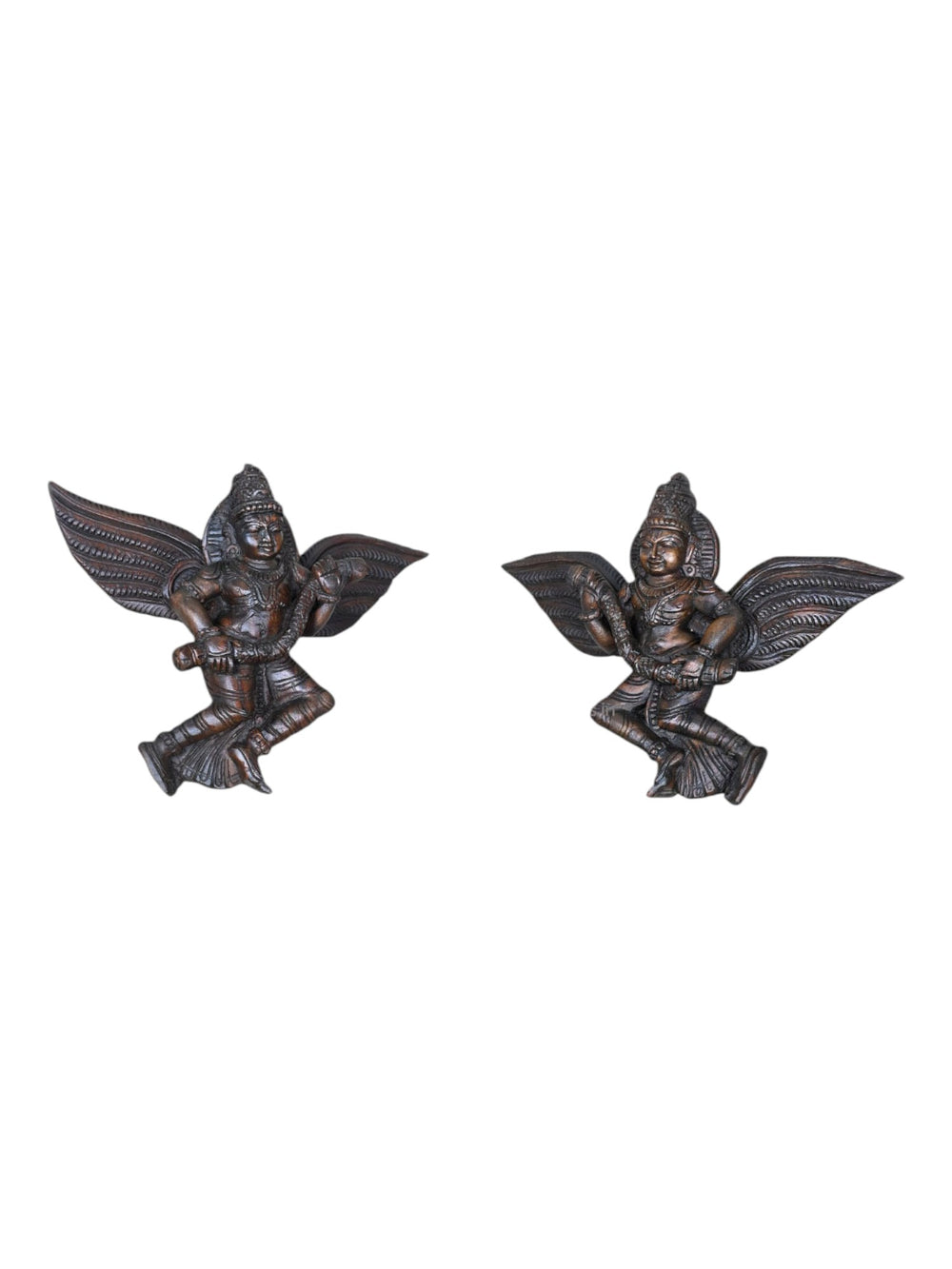 Wooden Paired Wall Entrance Decoration of Ghandarvas (Angels) Dark Brown Finishing Hooks Fixed Wooden Wall Mount 17"