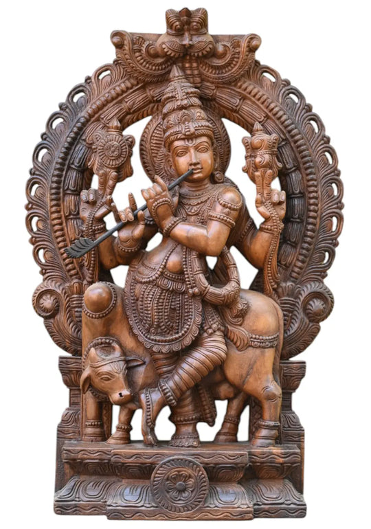 Prabhavali (Ornamental Arch) Cow Krishna in Wood statue 36"