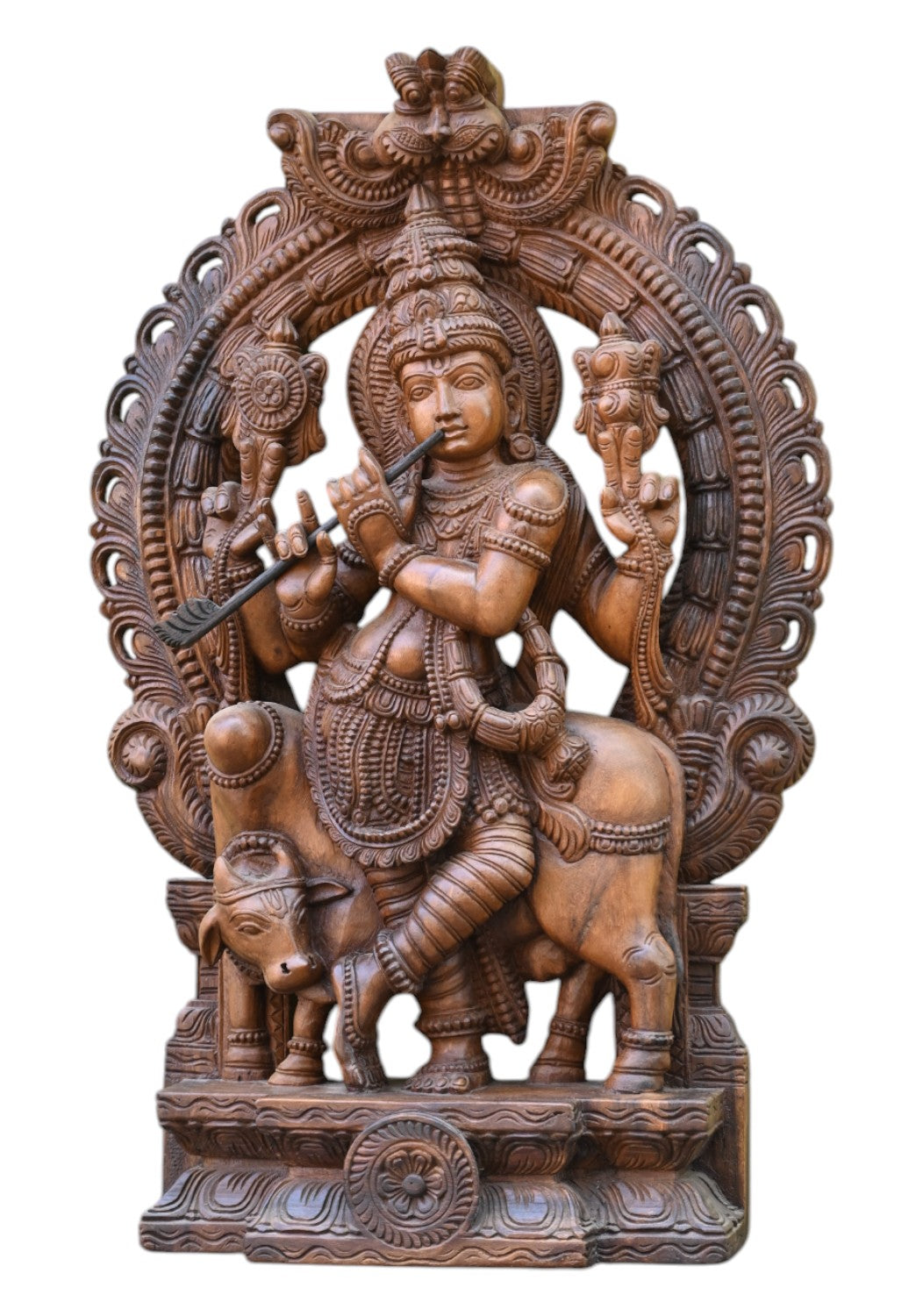 Prabhavali (Ornamental Arch) Cow Krishna in Wood statue 36"